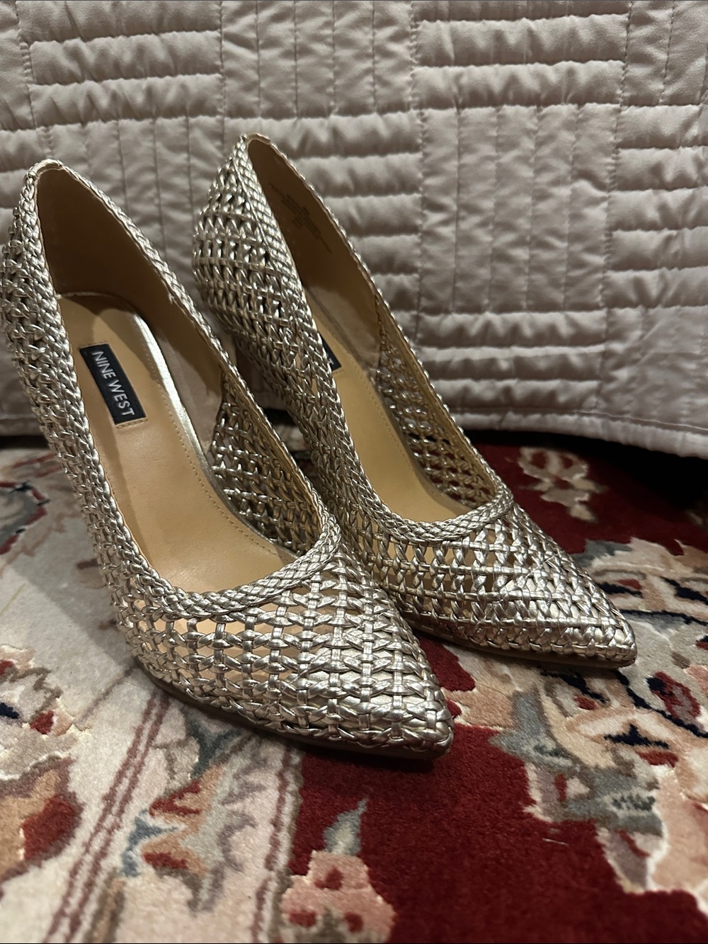 Nine West Metallic Woven Pointed Toe Pumps - Silver 8M